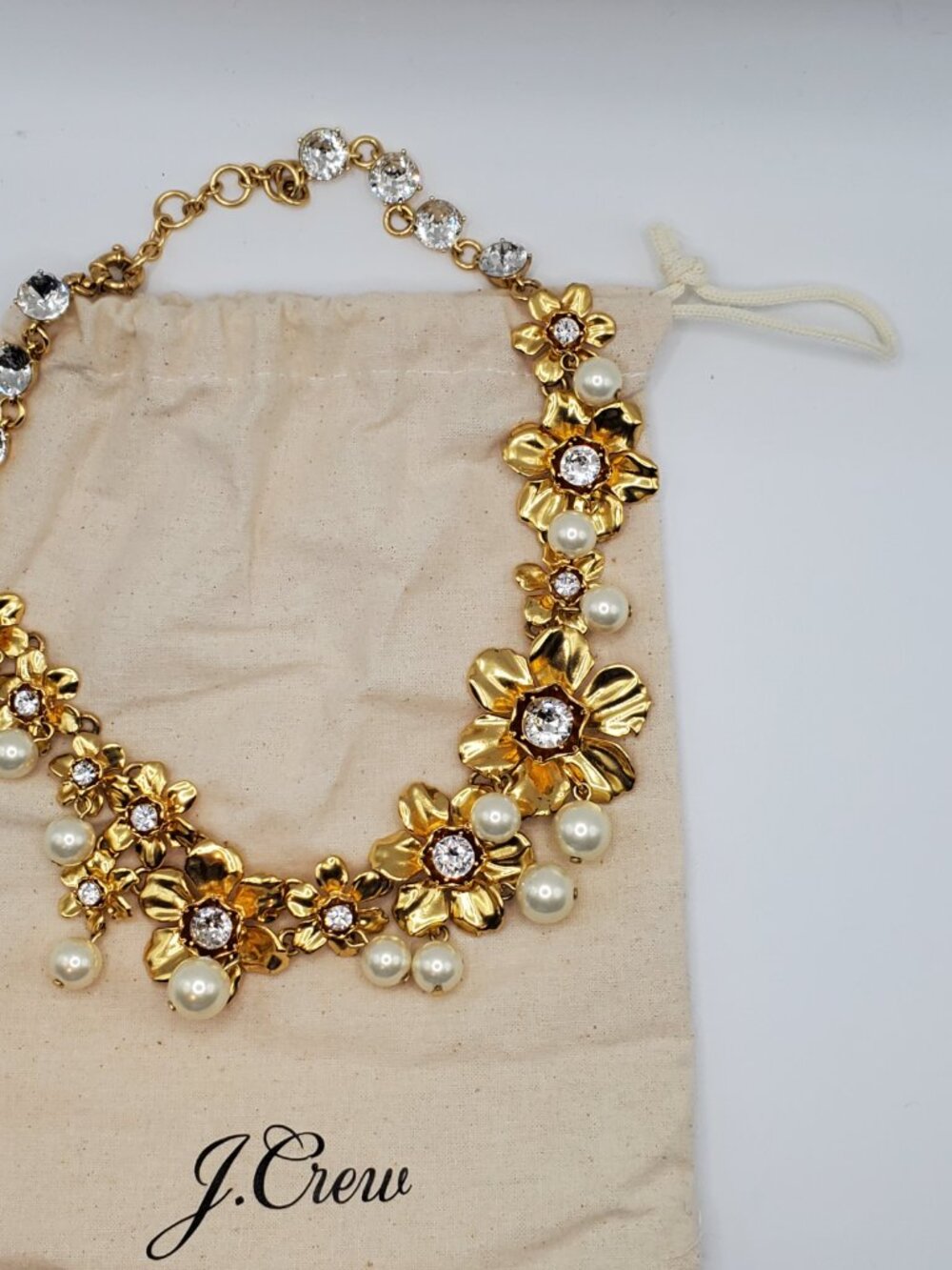 J. Crew Floral Crystal Pearl Statement Necklace + Dust Bag - Picture 3 of 6